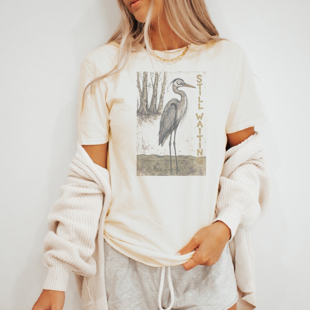 Still Waiting Wading Bird Graphic Tee Vintage Nature Illustration